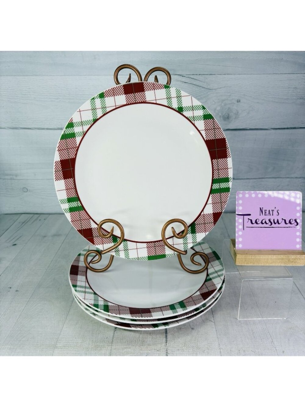 Royal Norfolk Greenbrier TARTAN PLAID Red Green Christmas Dinner Plates Set 4